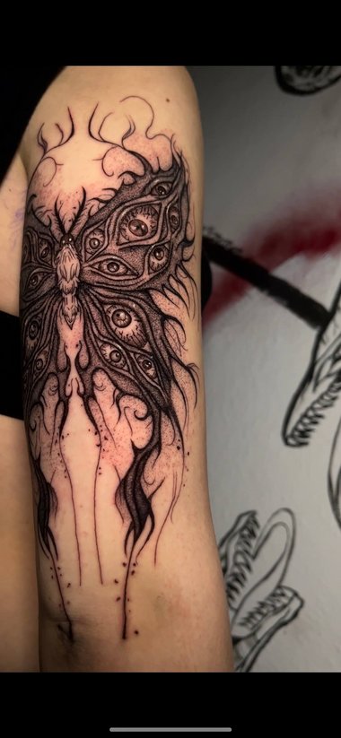moth tattoo, darkstyle moth, horror moth, surrealism moth tattoo, blackwork, black workers