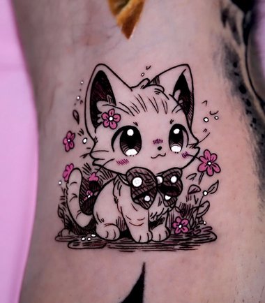 Katze Blumen Schleife Tattoo