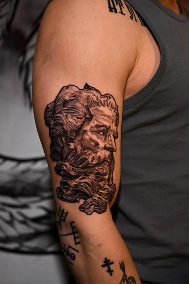 greek Tattoo, stippling tattoo, realism Greek mythology tattoo, Poseidon